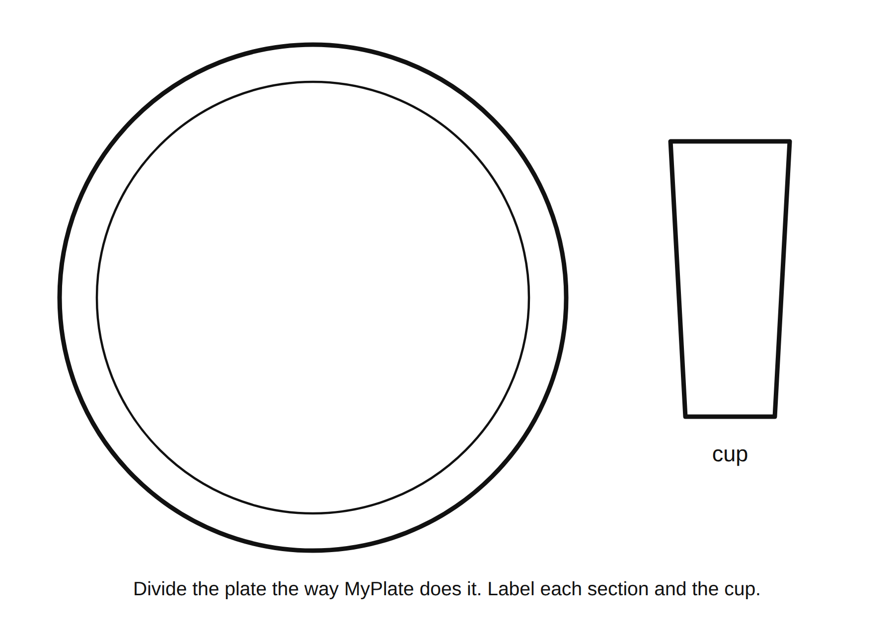 An empty plate and a cup, to divide and label the MyPlate way