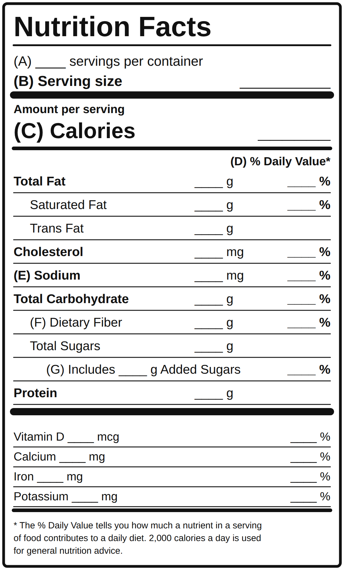 A blank Nutrition Facts label with the parts marked A to G